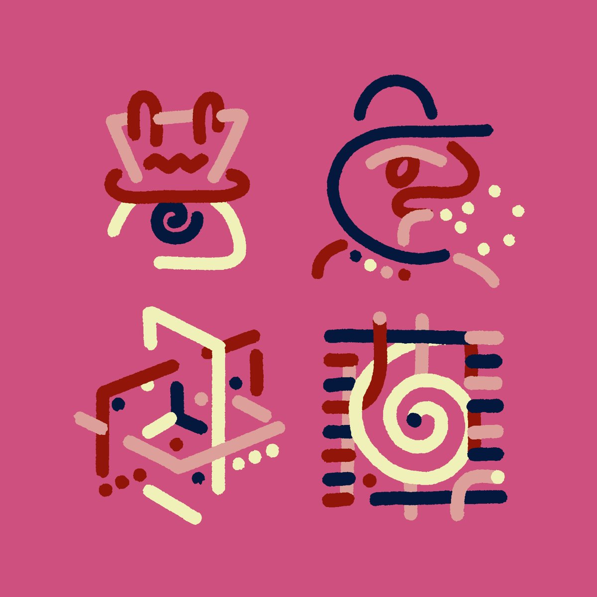 The image features a pink background with four different shapes drawn on it - a hat, a clock face, a spiral, and a box. Each shape has its own unique design and color scheme, creating an interesting visual effect. The shapes are arranged in a way that they appear to be moving or interacting with each other, giving the impression of a dynamic scene. The post also includes text that reads "NGL I'M Loving @GLiFSbyEfdot There are so many combos, the pieces all move, and the tech is seamless! Great work @EfdotStudio". This message emphasizes the creativity and skill involved in creating such an image, as well as the artist's passion for their craft.