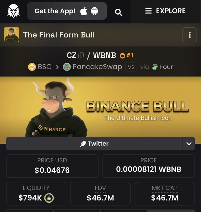 A cryptocurrency listing page for 'The Final Form Bull' token (CZ/WBNB) on BSC via PancakeSwap V2, showing a price of $0.04676, a Binance mascot in a hoodie, and the slogan 'BINANCE BULL The Ultimate Bullish Icon'.