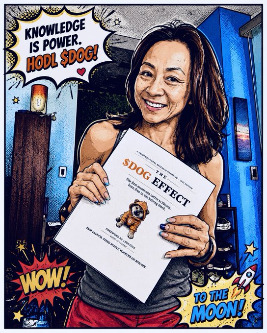 A comic-style illustration of a smiling woman holding a book titled 'THE $DOG EFFECT', with text bubbles reading 'KNOWLEDGE IS POWER. HODL $DOG!' and 'WOW! TO THE MOON!'