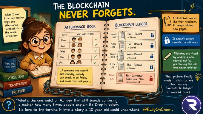 Educational illustration titled 'The Blockchain Never Forgets' comparing a traditional attendance book to a blockchain ledger, highlighting features like persistent, transparent, and trusted record-keeping with chained locks.