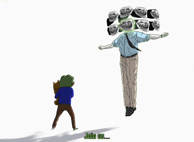 The image depicts a small green frog character in a blue shirt facing a towering figure with multiple grinning troll faces emerging from its head, with the text "Join us..." at the bottom—visually representing the post's message about either embracing the troll coin movement ("$Troll") or being overwhelmed by it, symbolizing the choice to join the crypto hype before it grows even bigger.