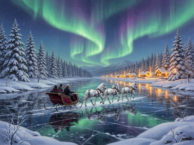 A digital painting of a horse-drawn sleigh carrying people across a frozen lake under the green and purple aurora borealis, with a snowy village in the background.
