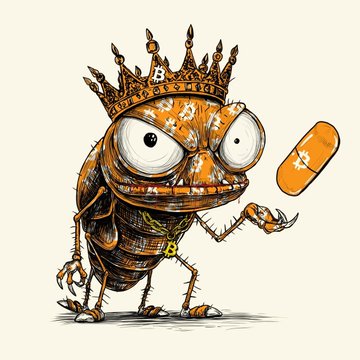 An illustration of a stylized, grumpy-looking bug character wearing a crown and a gold chain necklace, holding up an orange pill-shaped object in a fighting pose.