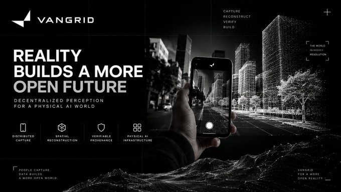 The image showcases a promotional banner for Vangrid, featuring a hand holding a smartphone that displays a 3D wireframe reconstruction of an urban environment, alongside the tagline "REALITY BUILDS A MORE OPEN FUTURE" and key features including "DECENTRALIZED CAPTURE," "VERIFIABLE PROVENANCE," "SPATIAL RECONSTRUCTION," and "PHYSICAL AI INFRASTRUCTURE."

The image visually reinforces the post's point about Vangrid's focus on verifiable, decentralized spatial data capture, illustrating how real-world environments are recorded and reconstructed through mobile technology.