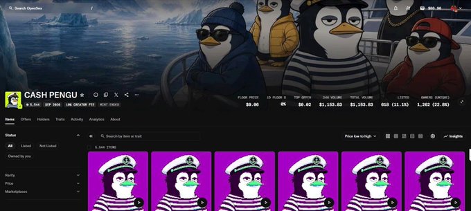 A screenshot of a cryptocurrency tracking website displaying 'CASH PENGU' with a price of $6.96, featuring cartoon penguins in striped shirts as NFTs in the listings below.