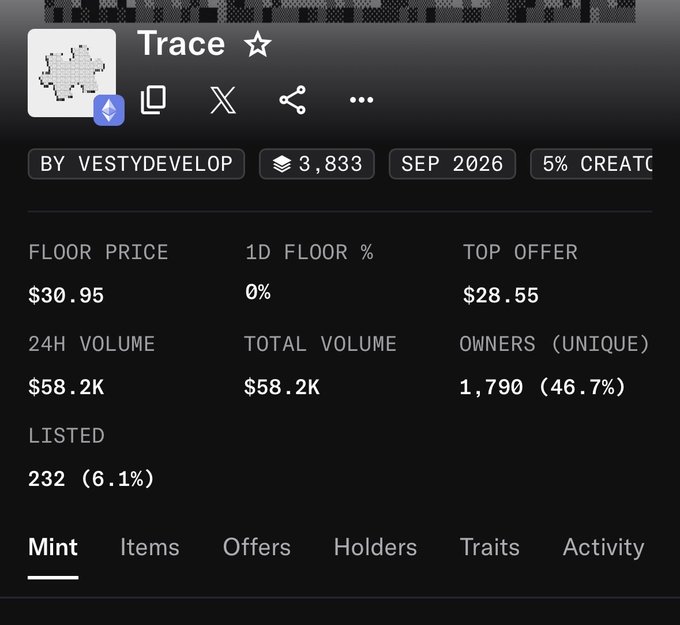 A dark-themed NFT collection page shows 'Trace' by VestyDevelop with a floor price of $30.95, top offer of $28.55, 24H volume of $58.2K, and 1,790 unique owners.