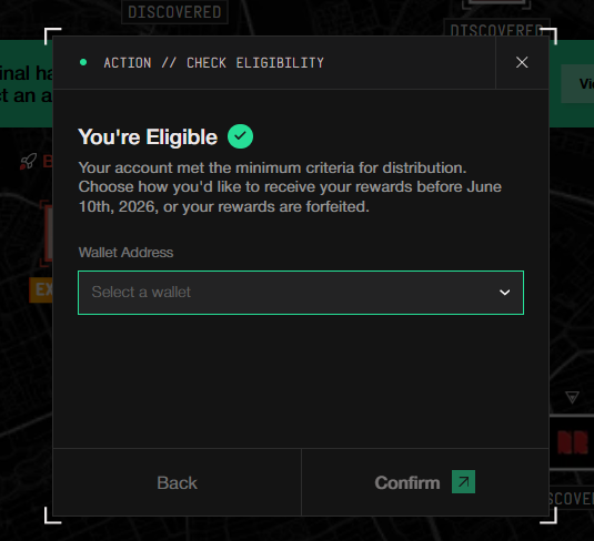 The image shows a screen with an approval system for a website or service. The text above it states that you'reeligible, indicating that the user has met the required criteria for distribution. There are several actions displayed, such as selecting a wallet address, confirming their account information, and receiving rewards before June 10th (your reward distribution period).