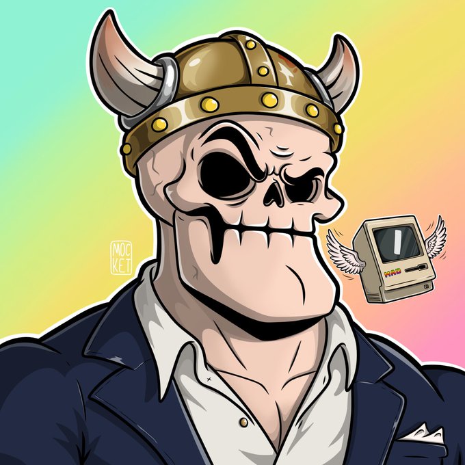 The image features a cartoon character wearing a suit, hat with horns, and wings. The character appears to be dressed up as a businessman or a corporate executive, possibly for an advertisement or promotional material. The background of the image has a gradient color scheme that transitions from yellow at the top to pink at the bottom. There is also a computer monitor in the scene, which could represent a product or service related to business or technology.