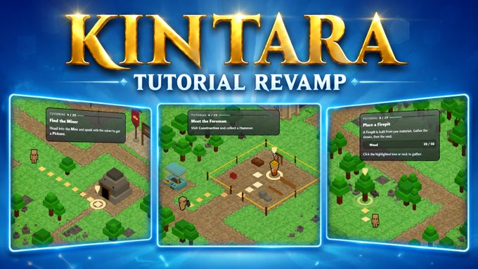 A promotional graphic for "KINTARA TUTORIAL REVAMP" featuring three in-game screenshots showing tutorial objectives like "Find the Miner," "Meet the Foreman," and "Mine a Temple," illustrating the newly redesigned onboarding experience that motivated the user to begin playing the game.