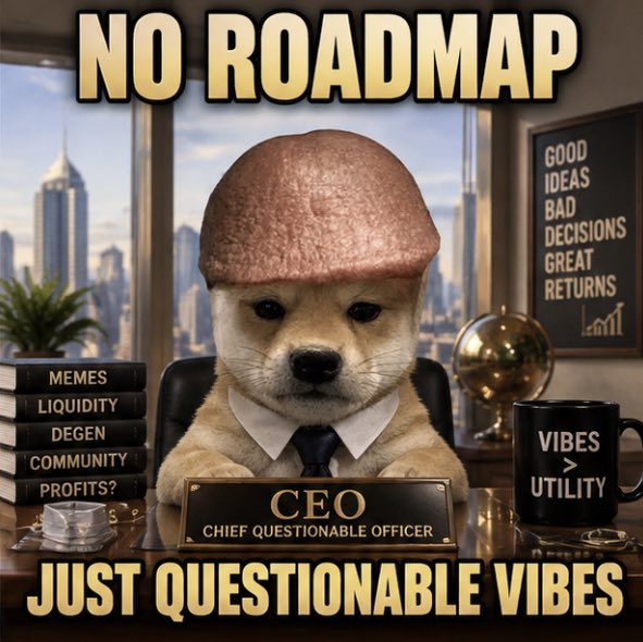 A meme image features a Shiba Inu dog wearing a flat cap and tie, sitting at a desk as a 'CEO - Chief Questionable Officer.' It includes the text 'NO ROADMAP' and 'JUST QUESTIONABLE VIBES,' along with books labeled 'MEMES, LIQUIDITY, DEGEN, COMMUNITY, PROFITS?' and a mug reading 'VIBES > UTILITY'.