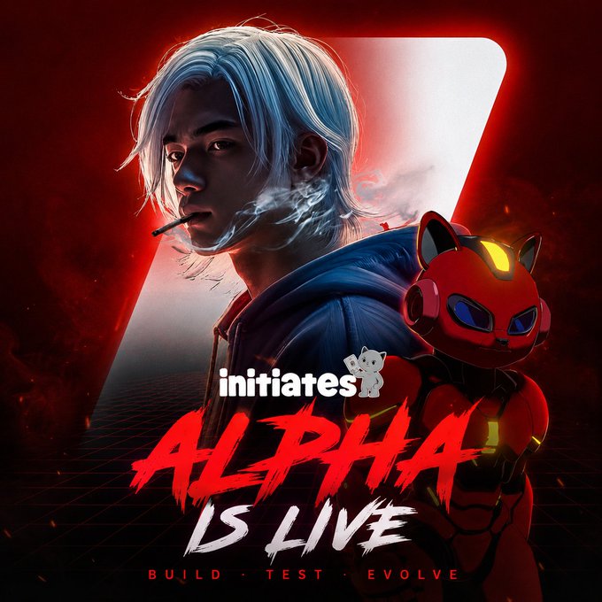 Stylized promotional artwork announcing 'initiates ALPHA IS LIVE - BUILD • TEST • EVOLVE' featuring a white-haired character and a red robot figure.