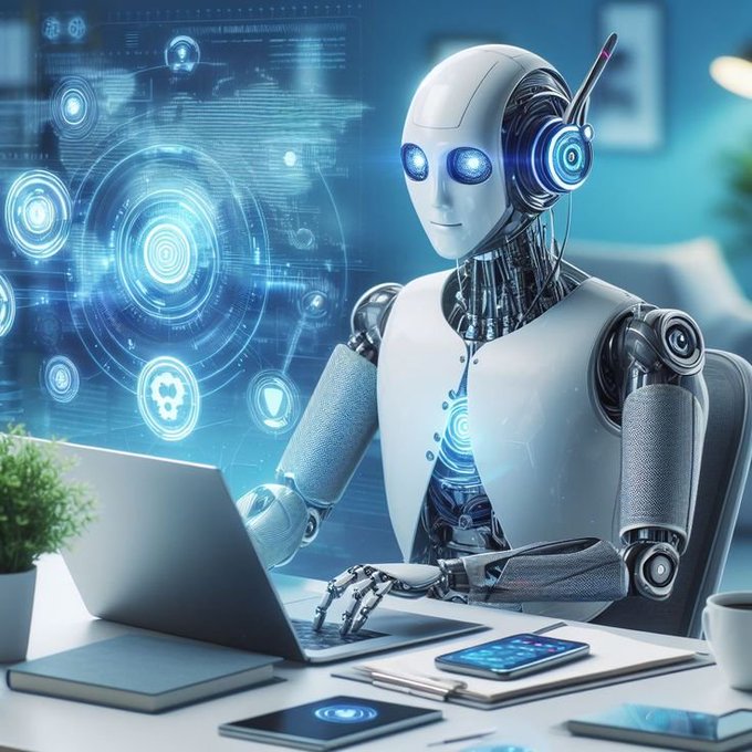 A futuristic humanoid robot with glowing blue eyes works at a laptop, surrounded by holographic AI interface displays on a desk.