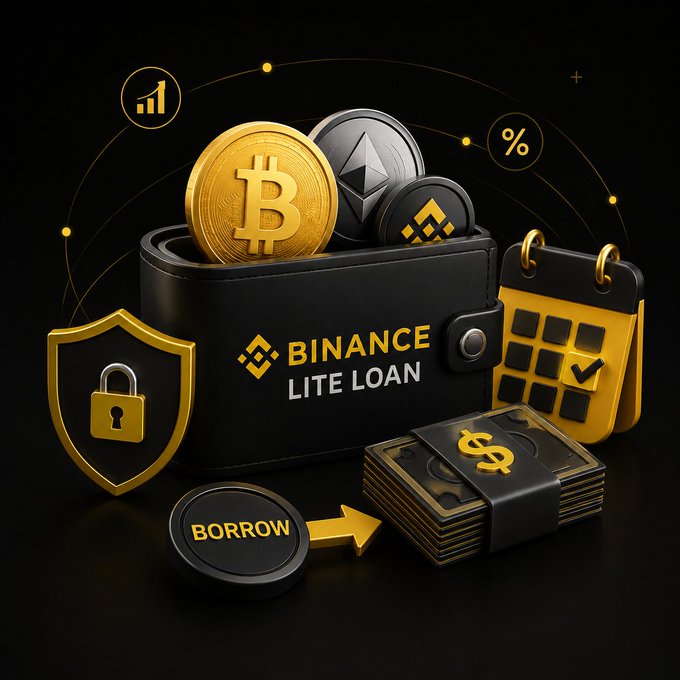 A 3D illustration depicts a black "BINANCE LITE LOAN" wallet filled with Bitcoin, Ethereum, and BNB coins, surrounded by security and finance icons—a golden shield with a padlock, a calendar with a checkmark, a "%" symbol, and a bar graph—alongside a "BORROW" button pointing to a stack of dollar bills, visually reinforcing the post's message about borrowing funds against crypto collateral while keeping assets intact.
