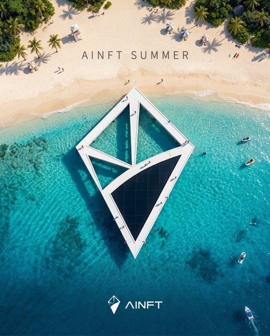 An aerial view of a geometric AINFT logo floating on turquoise ocean water near a sandy beach, with the text 'AINFT SUMMER' and the 'AINFT' brand logo.