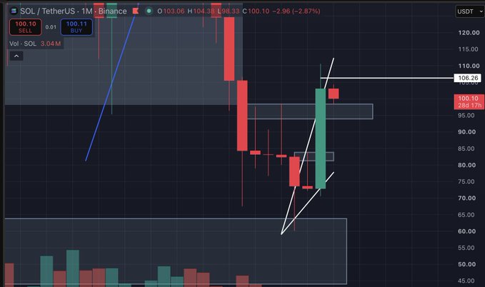 A SOL/TetherUS monthly candlestick chart on Binance showing a strong downtrend with a recent bullish reversal, with price around 100.10, down 2.96%.
