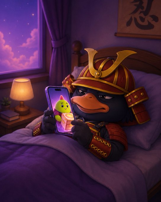 A cartoon duck character dressed in samurai armor lies in bed holding a smartphone, looking at a green character on the screen in a purple-lit bedroom.