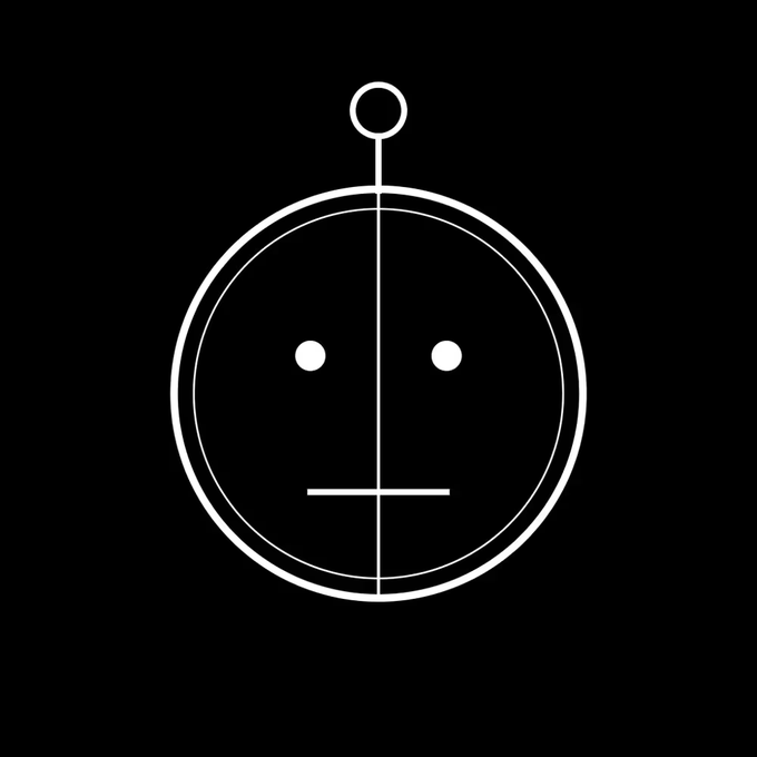 A minimalist white line drawing on a black background depicts a round face with a neutral expression and an antenna.