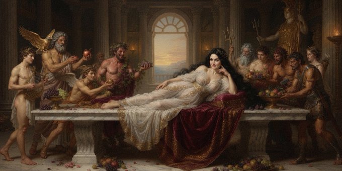 A reclining woman in a flowing white gown lounges on a crimson-draped marble bench, surrounded by a gathering of muscular, semi-nude figures—including a winged elder with grapes, a young man with a lyre, and a figure bearing a trident—offering fruits, wine, and flowers in a classical temple setting. The scene evokes a decadent mythological feast or symposium rather than a religious Last Supper, with no legible text, numbers, or tickers visible in the image itself.