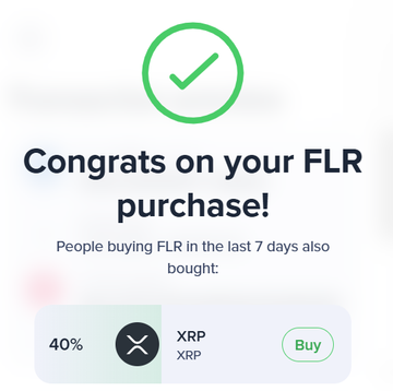 A thumbs up symbol is displayed on top of a green circle with a red X within the circle that says "Congratulations on your FLR purchase! xrp." below the thumbs up, and there's also text in black below the thumbs up. The majority of the text seems to be about Bitcoin purchases or something related, but it's not entirely clear what it is.