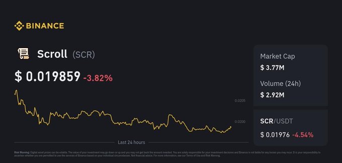 Binance exchange page displaying Scroll (SCR) token at $0.019859 (-3.82%) with a 24-hour downward price chart and $3.77M market cap.