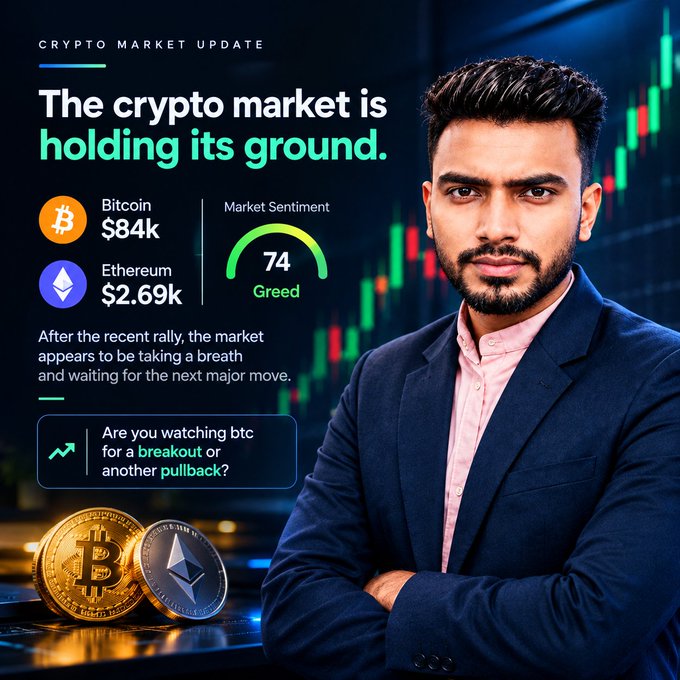 Crypto market update graphic featuring a man in a suit, reporting Bitcoin at $84k, Ethereum at $2.69k, and a Market Sentiment index of 74 ('Greed').