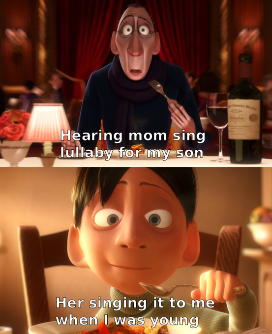 The image features two meme tokens, one of which reads "Hearing mom sing lullaby for my son" while the other says "Her singing it to me when I was young". The text seems to be a humorous take on the movie's theme or message.