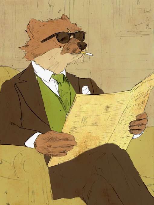 An anthropomorphic bear wearing sunglasses and a brown suit with a green tie sits casually reading a newspaper while smoking a cigarette, exuding a relaxed, cool demeanor. The illustration is a tribute piece by @rogerin_art to @IKEMEN_KITA_san, with no visible text or numbers on the newspaper itself, though the artwork's vintage, textured style adds to its artistic charm shared within the XRP community.