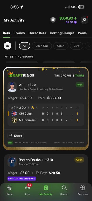 A DraftKings app screenshot shows a $94 wager on a "Live Pete Crow-Armstrong Stolen Bases" bet that won $658, alongside a pending $5 wager on Romeo Doubs anytime TD scorer ($20.50 to win). The "coin" reference in the caption plays on "Crown" — fitting since Pete Crow-Armstrong's bet is branded "The Crown Is Yours" on DraftKings, turning the player name into a cheeky money/winnings flex.