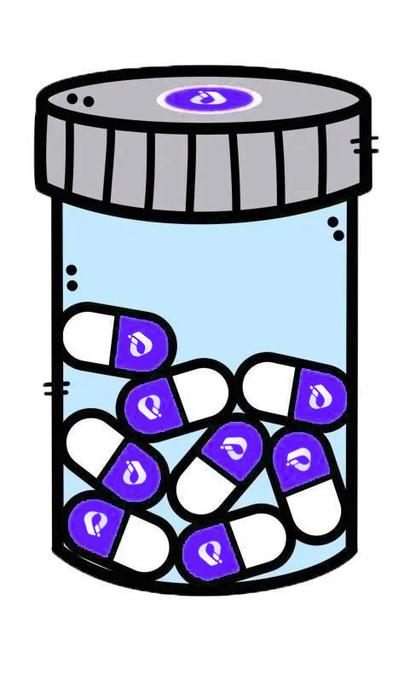 A cartoon illustration of a clear pill bottle with a grey cap containing numerous white and blue capsules marked with a 'Q' logo.