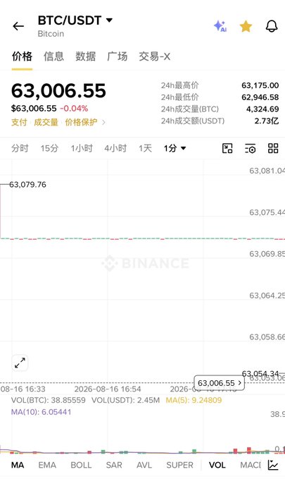 The image shows a Binance trading chart for BTC/USDT with Bitcoin priced at $63,006.55, displaying an almost completely flat line over a 1-day timeframe. This visualizes the post's metaphor of Bitcoin being "in the ICU" with a "stopped heartbeat," as the price action shows virtually no movement throughout the entire day, with only a marginal 0.04% decline.