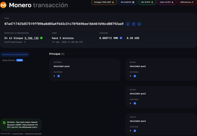 A Monero blockchain transaction page showing a hash, a transaction of 3,766.135 XMR ($0.38 USD) in block 3,766,135, with multiple shielded-pool inputs and outputs.