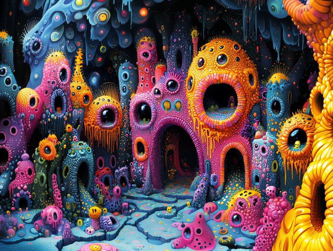 A vibrant, surreal digital artwork depicts an otherworldly landscape filled with colorful, organic structures in shades of yellow, pink, and blue, featuring numerous eye-like and mouth-like openings.
