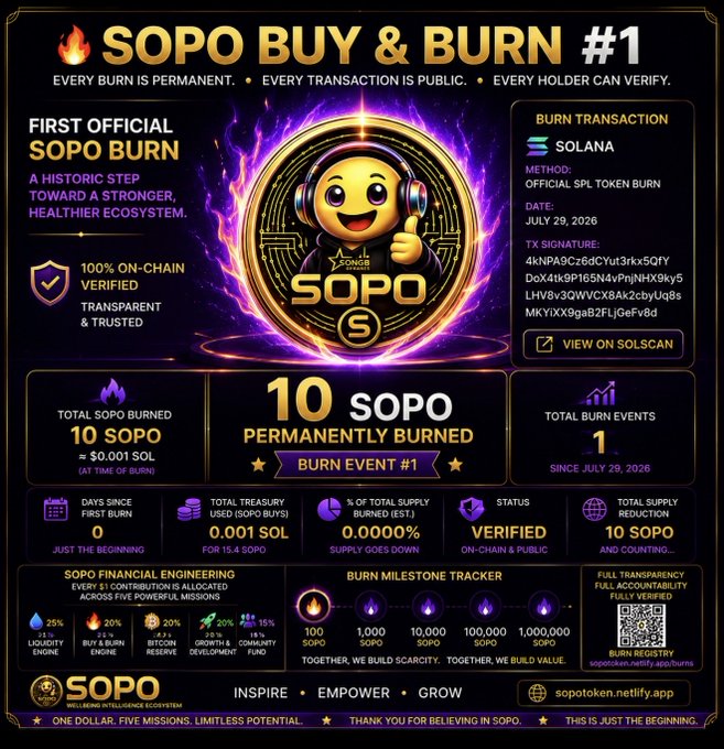 A promotional graphic announces 'SOPO BUY & BURN #1' documenting a permanent burn of 10 SOPO tokens, valued at $0.001 SOL, on the Solana blockchain with transaction details.