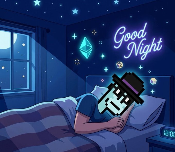 The image features a man lying in bed, wearing a black hat and a blue shirt. The man's head is resting on a pillow while he is sleeping. In front of him, there are two clocks - one near his face and another further away from him. The background of the image shows a night sky with stars, giving it a dreamy atmosphere. The post also mentions that the artist who created this image is @RiverdotInc and @River4fun.