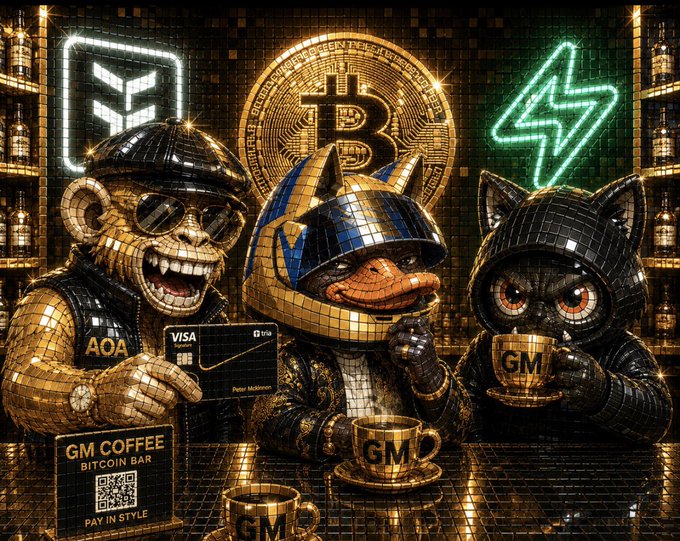 This image features three cartoon monkeys sitting at a table, each holding a cup of coffee with a large Bitcoin logo prominently displayed above them. The monkeys are positioned at different spots around the table, including one at the top left corner, another on the right side, and the third in front of the table. A post is captioned "Good afternoon @useTria traders This is the update I was waiting for Epoch extended to July 15 Milestones now unlockable via trading volume Every trade = leaderboard boost + season 3 airdrop ... new benefits incoming One action." The overall scene conveys a sense of excitement and progress.