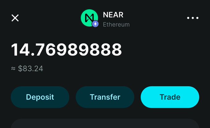 A mobile app screen showing a NEAR/Ethereum crypto wallet with a balance of 14.76989888 (approximately $83.24) and buttons for Deposit, Transfer, and Trade.