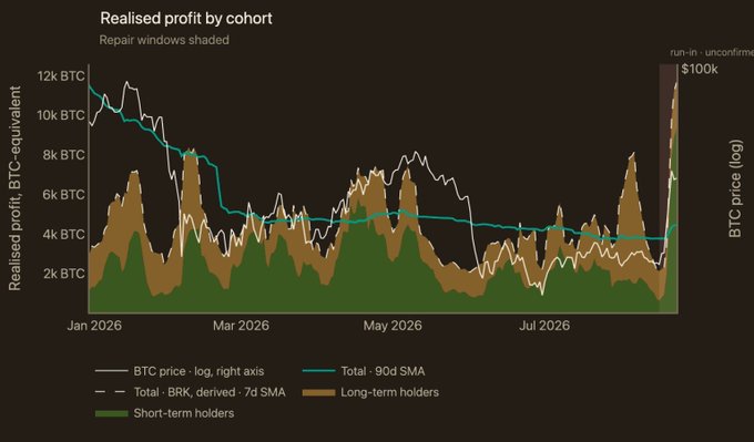 A line graph titled 'Realised profit by cohort' showing Bitcoin metrics from January 2026 to July 2026, with BTC price, Total, and Short-term/Long-term holders plotted against a BTC price log scale on the right axis ranging up to $100k.
