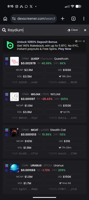 A mobile screenshot of dexscreener.com searching 'Raydium', showing crypto listings including QUEEF, WOJAK, MCAT Stealth Cat, and URANUS with their market caps and price changes.