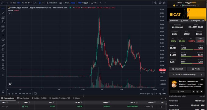 A cryptocurrency trading chart for BICAT/USDT on PancakeSwap showing a volatile price action with a major spike and subsequent decline, with price around $0.0006906 and market cap data visible on the right sidebar.