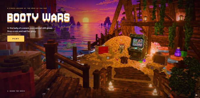 Title screen for a video game called 'BOOTY WARS', displaying a voxel-style pirate scene at sunset with a 'PLAY' button.