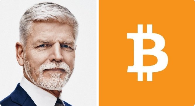 An older man with white hair and beard in a suit appears beside a large Bitcoin "₿" symbol on an orange background, representing President Petr Pavel, who signed legislation eliminating capital gains tax on Bitcoin held over three years in the Czech Republic.