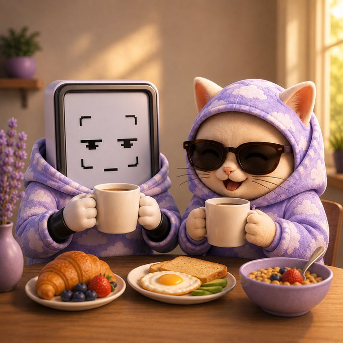 The image features two cartoon cats sitting at a dining table with plates of food and cups of coffee. The cats appear to be wearing hooded sweatshirts or jackets, which adds a playful touch to their appearance. One cat has sunglasses on its face, giving it a cool and relaxed demeanor. The scene is set in an indoor environment, possibly a kitchen or living room, as there are potted plants visible around the area. The image seems to be related to the post "gm Ledger secure sunday hits differently once it stops feeling like just a slogan and becomes part of your routine there’s something calming about starting the week knowing the important things are already handled".