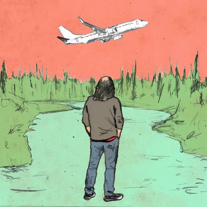 An illustration shows a lone person standing by a winding river and evergreen trees, looking up at a passenger airplane in a coral-colored sky.
