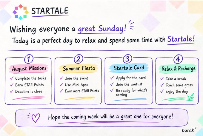 A promotional graphic for 'STARTALE' wishing everyone a 'great Sunday,' featuring four color-coded sections for August Missions, Summer Fiesta, Startale Card, and Relax & Recharge.