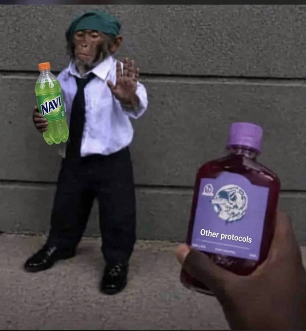 A meme featuring a chimpanzee in a shirt and tie holding up a bottle labeled 'NAVI', appearing to reject a purple bottle labeled 'Other protocols' offered in the foreground.