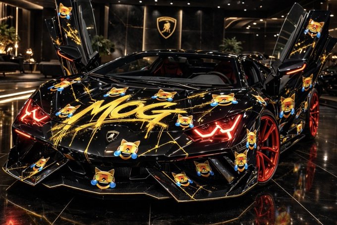 A black Lamborghini with gold marble-style detailing, red rims, and multiple Shiba Inu dog emojis scattered across the body with 'MOG' written on the hood.