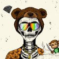 A digitally edited image showing a skeleton wearing a bear costume with rainbow-colored sunglasses, accompanied by a smaller similar figure in the background.