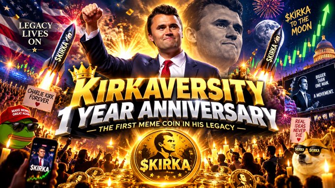 A colorful promotional banner celebrating the "KIRKAVERSITY 1 YEAR ANNIVERSARY" of the $KIRKA meme coin, featuring Charlie Kirk imagery, rockets, fire, and slogans like "LEGACY LIVES ON" and "$KIRKA TO THE MOON."