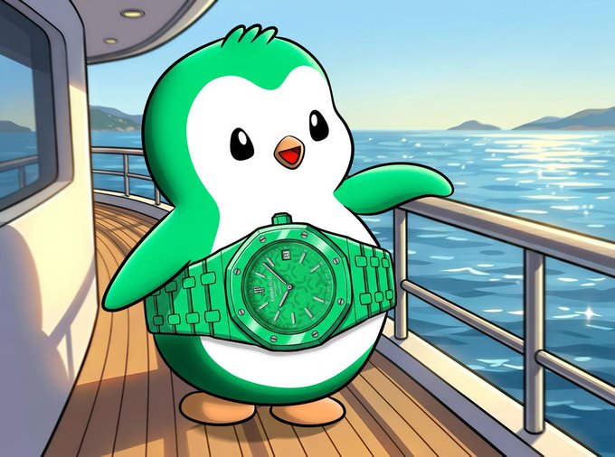 A cheerful cartoon penguin character wearing a green and silver luxury watch stands on the deck of a ship with the ocean and sunset in the background. The vibrant green color scheme of the character and watch ties into the "AbstractChain" theme, likely symbolizing the crypto project's branding in a playful weekend greeting.