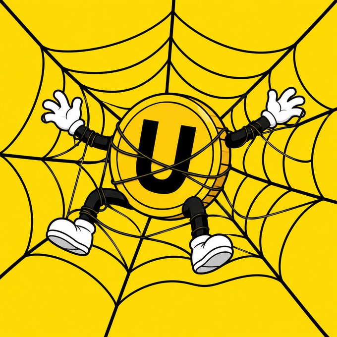 A cartoon illustration of a yellow coin character with the letter 'U' on it, tangled in a spider web with white-gloved cartoon hands and shoes, set against a bright yellow background.